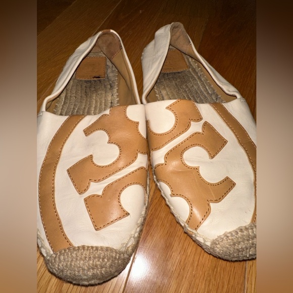 Tory Burch Leather Espadrilles Lonnie Flat Logo Natural Tan Sz 9 - Picture 8 of 9